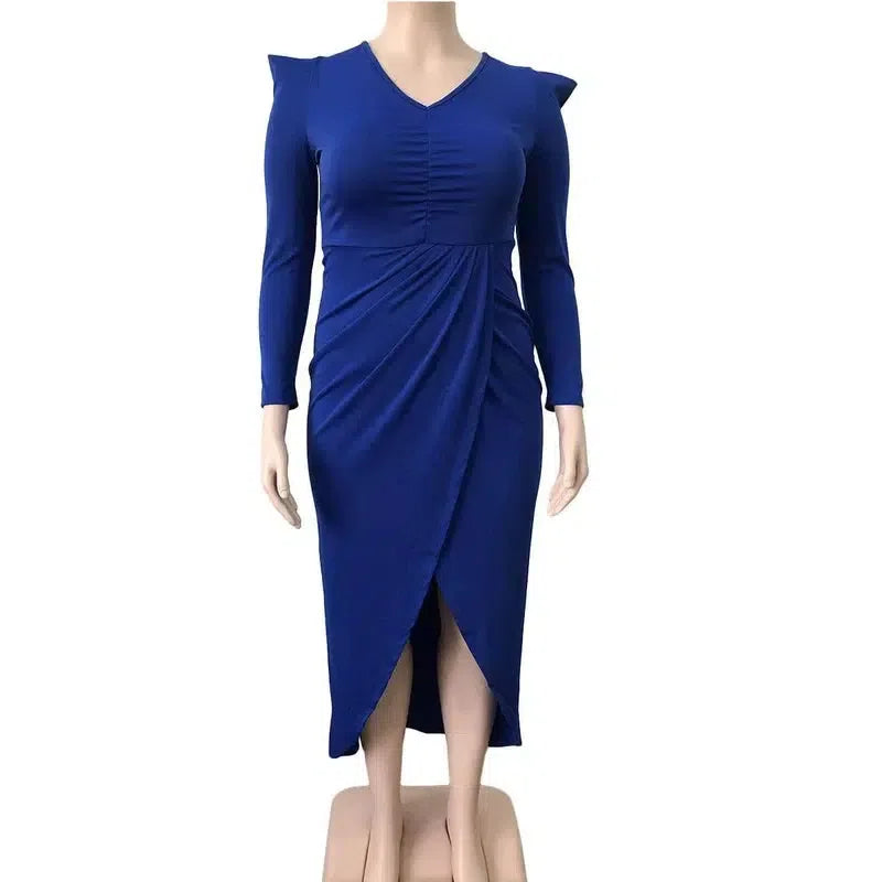 Women's Clothing New Style Long Sleeve V Neck Urban Plus Size Evening Dress 5xl Solid Color Elegant Party Dresses Wholesale-6