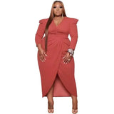 Women's Clothing New Style Long Sleeve V Neck Urban Plus Size Evening Dress 5xl Solid Color Elegant Party Dresses Wholesale-Orange-9