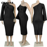 CM.YAYA Plus Size 2XL-5XL Women Dress Autumn Club Party One Shoulder Long Sleeve Cut Out Bodycon Midi Dress Pencil Dresses-5