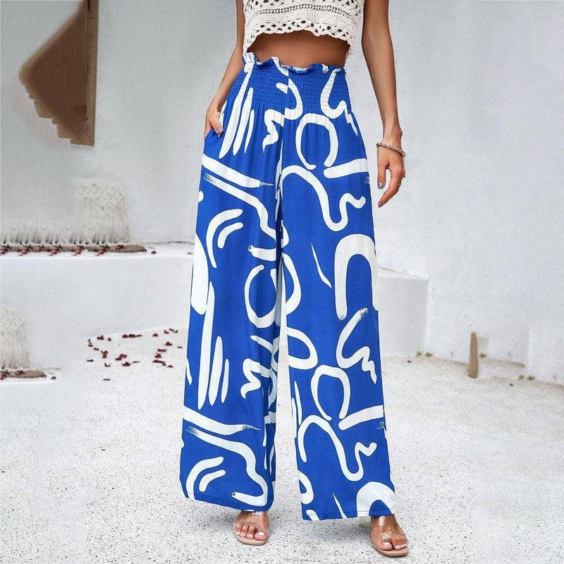 Elegant Printed Trousers Summer Loose Elastic High Waist Green / XL-Navy Blue-4