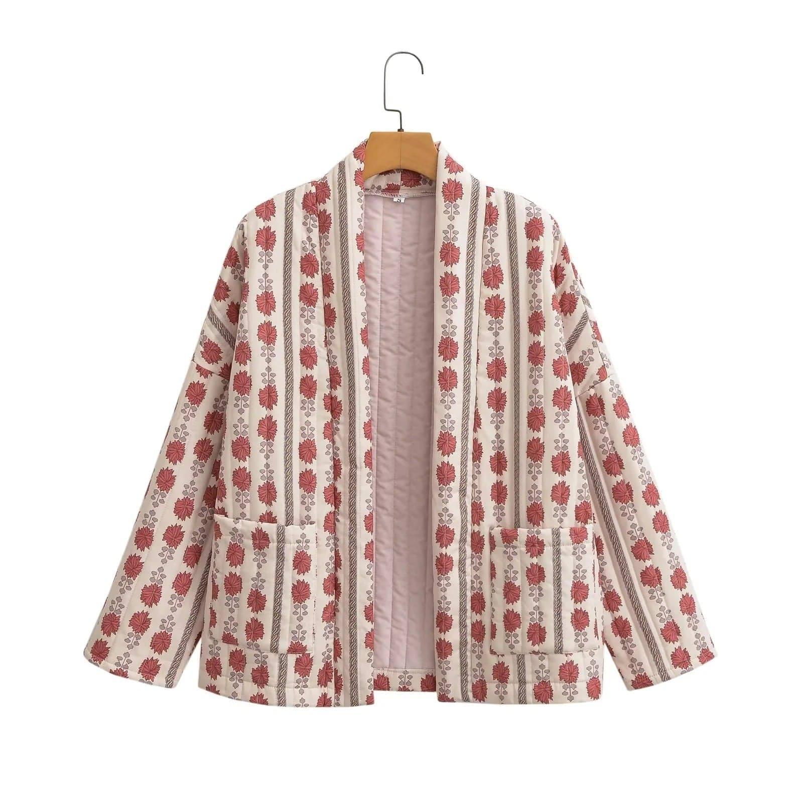 Elegant Printed Women's Cotton-padded Clothing Coat-Pink-12