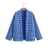 Elegant Printed Women's Cotton-padded Clothing Coat-Floral Jacket Blue-6