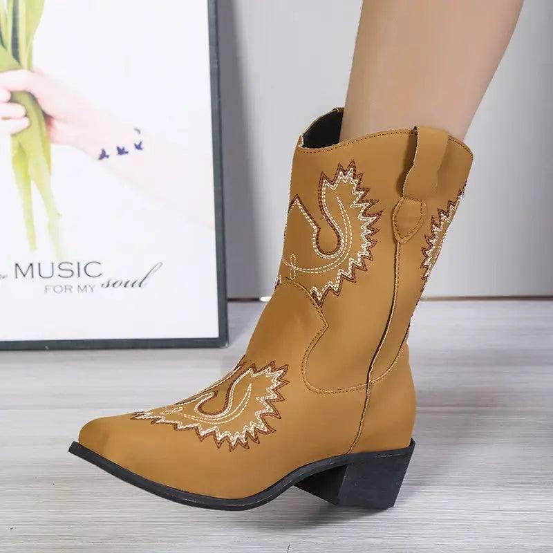 Embroidery Western Boots Chunky Mid Heel Cowboy Boots Women-3