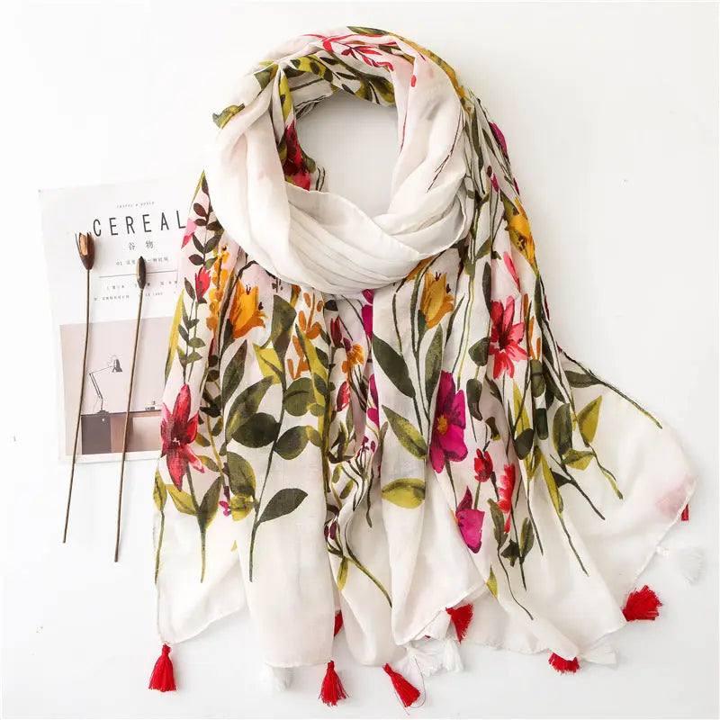 Ethnic Vintage Floral Cotton And Linen Fringe Scarf-Red-2