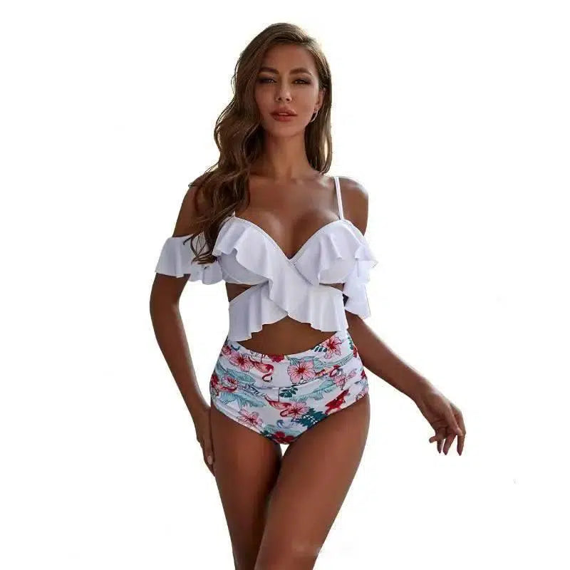 European And American Bikini, Ruffled Swimsuit, Split-WhiteA-3