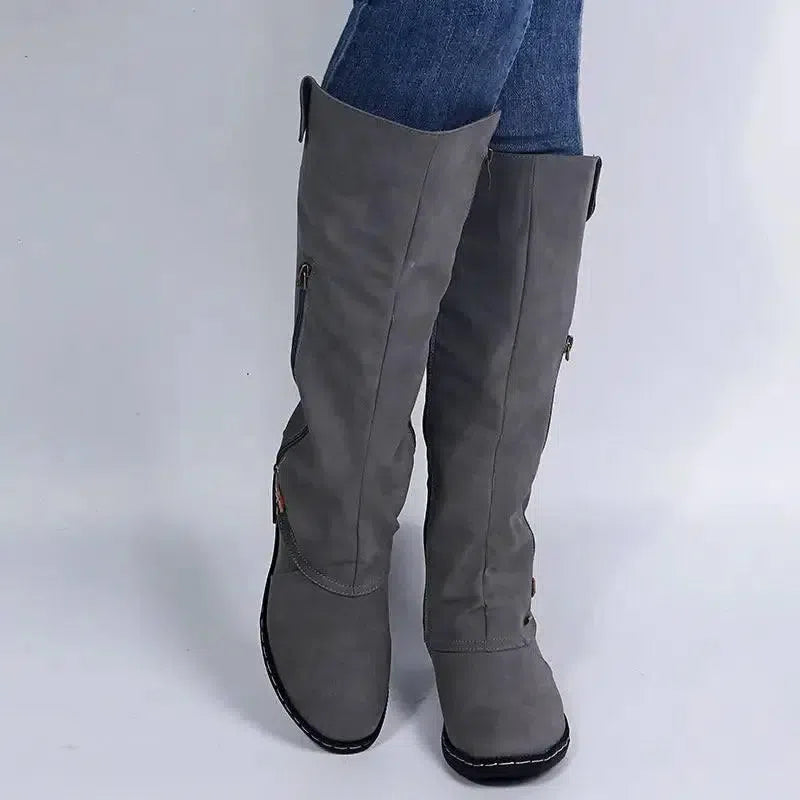 European And American Flat Zipper Women Boots-Grey-1