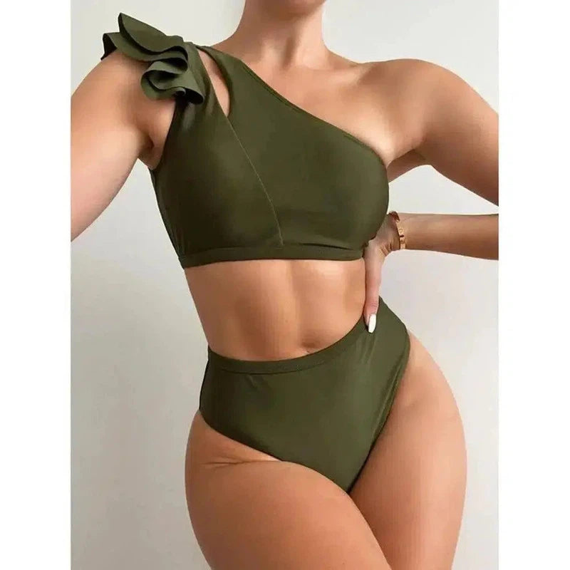 European And American High Waist Bikini One Shoulder Ruffle-ArmyGreen-1