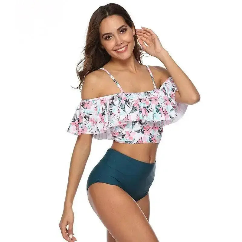European And American Ruffled Multicolor Printed Bikini-Floral-8
