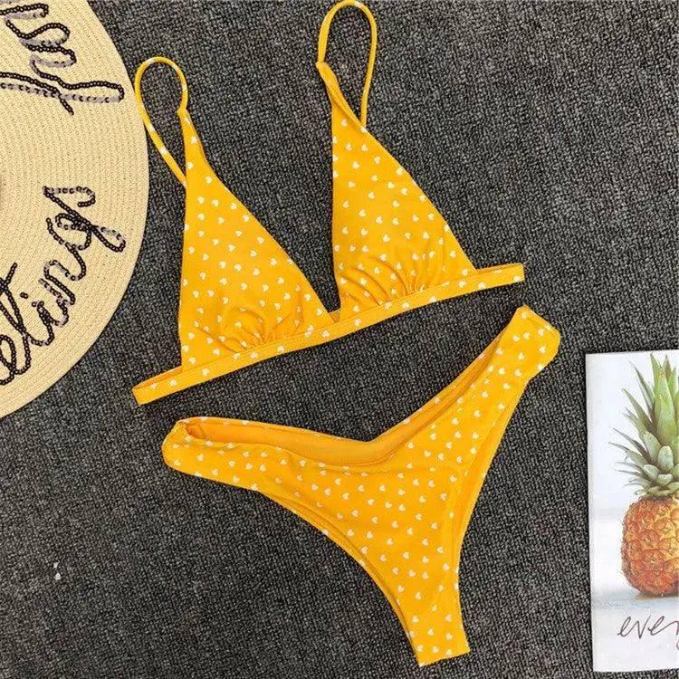 European And American Cute Bikini Retro Love Print-Yellow-2