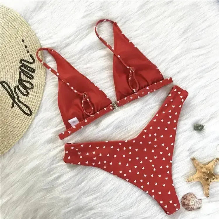 European And American Cute Bikini Retro Love Print-Red-3