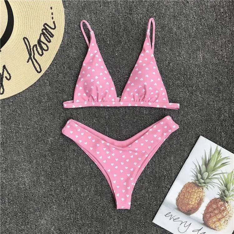 European And American Cute Bikini Retro Love Print-Pink-5