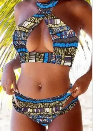 European and American split swimsuit striped bikini-Blue-2