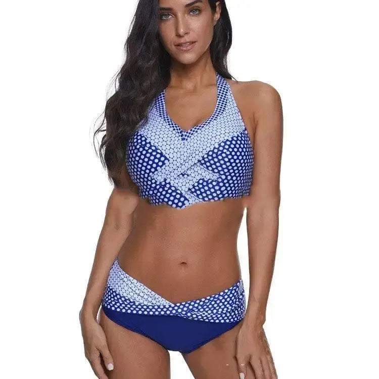 European And Beautiful Gathered Split Swimsuit-Blue-3