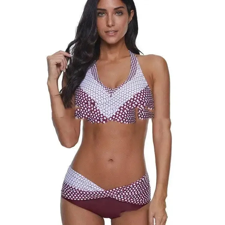 European And Beautiful Gathered Split Swimsuit-WineRed-4