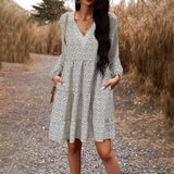 Fall Women's Temperament Leisure V-neck Long-sleeve Dress-White-3