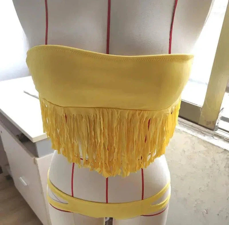 Fashion bra swimwear bikinis tassel female spa tourism suit-Yellow-7