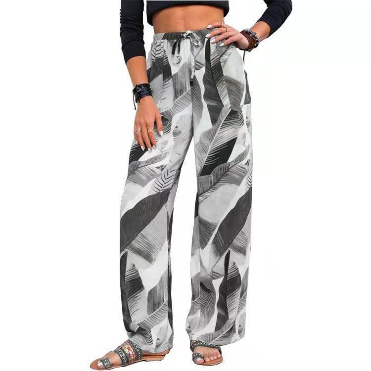 Stylish Leaf Print Beach Pants for Summer-Grey-6