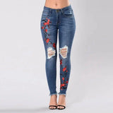 Fashion hole embroidered high-elastic denim women's trousers-1