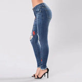 Fashion hole embroidered high-elastic denim women's trousers-3