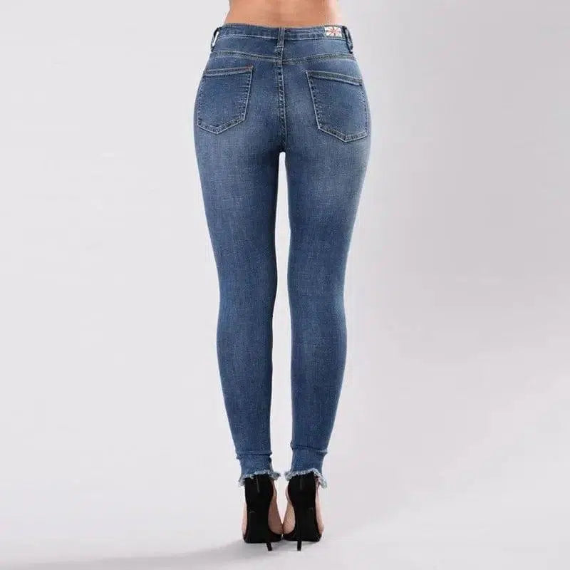 Fashion hole embroidered high-elastic denim women's trousers-4