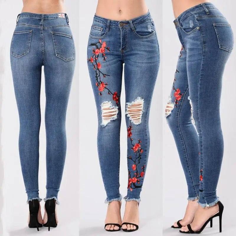 Fashion hole embroidered high-elastic denim women's trousers-5