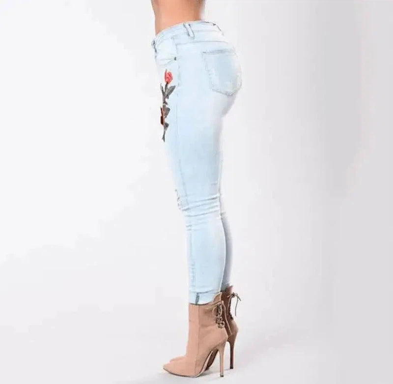 Fashion Hole Embroidered High-elastic Jeans Women's Trousers-3