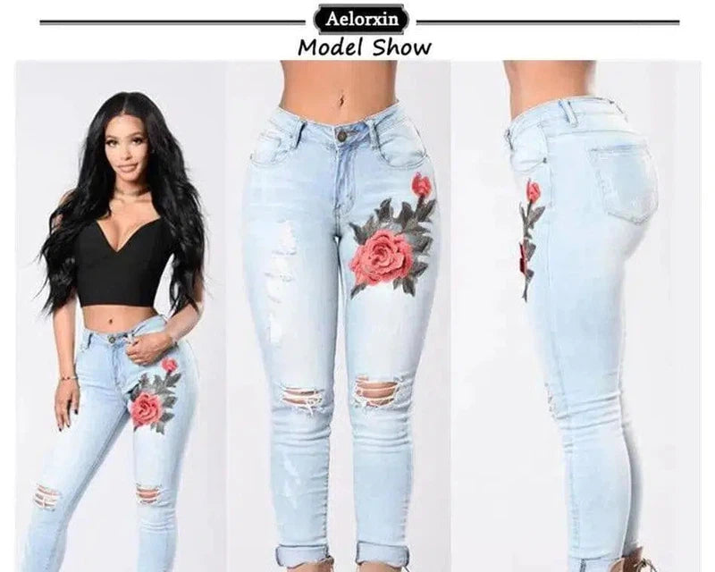 Fashion Hole Embroidered High-elastic Jeans Women's Trousers-4