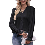 Fashion Lace V-neck Long Sleeve Top-Black-8