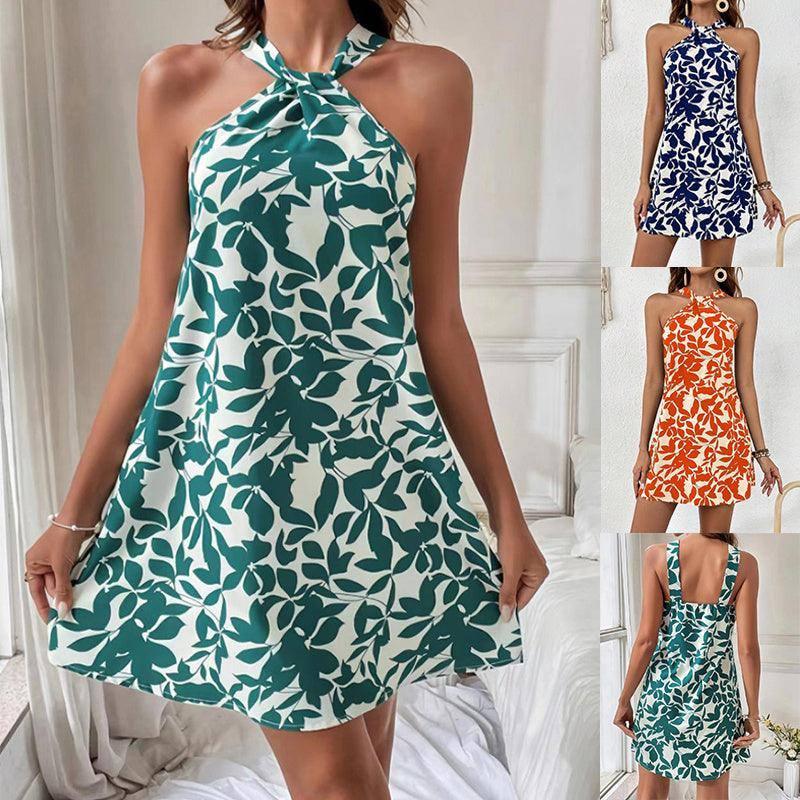 Fashion Leaf Print Halterneck Dress Summer Backless-1