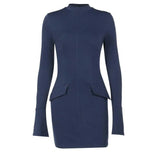 Fashion Long Sleeve Dress With Two Pockets Slim Bodycon Hip Short Dress For Women-8