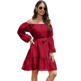 Fashion One-shoulder Long Sleeve Dress For Women Tie Waist Off-shoulder Bubble Dot Ruffle Design Chiffon Dress-Red-11