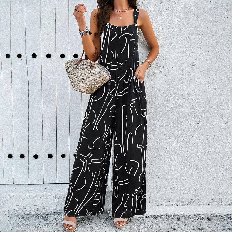 Fashion Print Square Neck Jumpsuit With Pockets Spring-Black-2