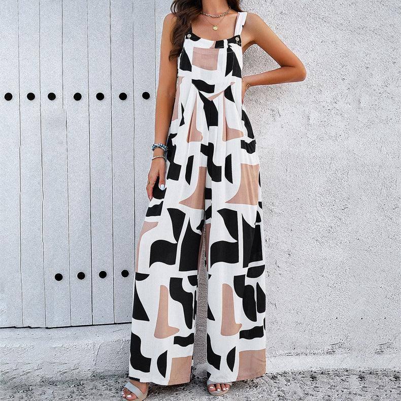 Fashion Print Square Neck Jumpsuit With Pockets Spring-Coffee-6