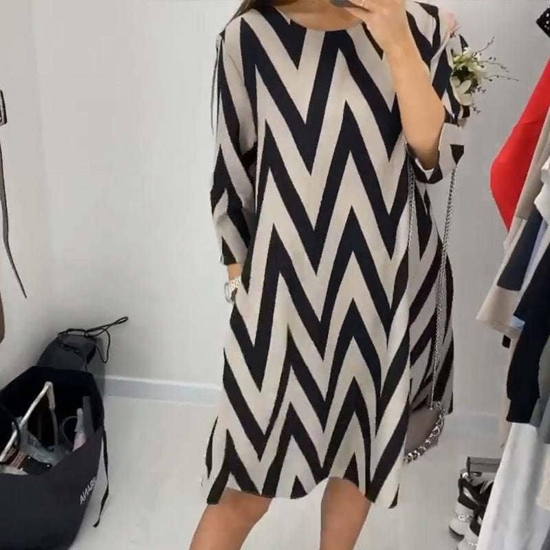 Fashion Round Neck Loose Slimming Stripes Dress-10