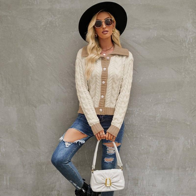 Fashion Short Lapel Knitted Cardigan Single-breasted Sweater-Apricot-1