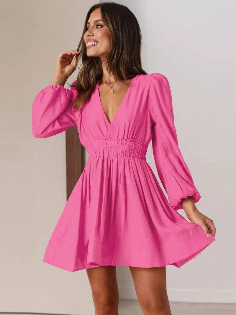 Fashion V-neck Dress Women's Elastic Waist Pleated Ruffled French Skirt Long Sleeve Short Dress-Pink-9