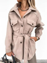 Fashionable Lace-up Small Fragrant Jacket With Pockets-Khaki-6