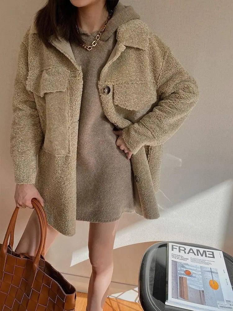 Faux Fur All-In-One Lamb Hair Granular Fleece Coat Women's-Beige-1