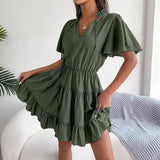 Female Flounced Skirt Ribbon Big Hem A- Line Skirt Solid-Army Green-8