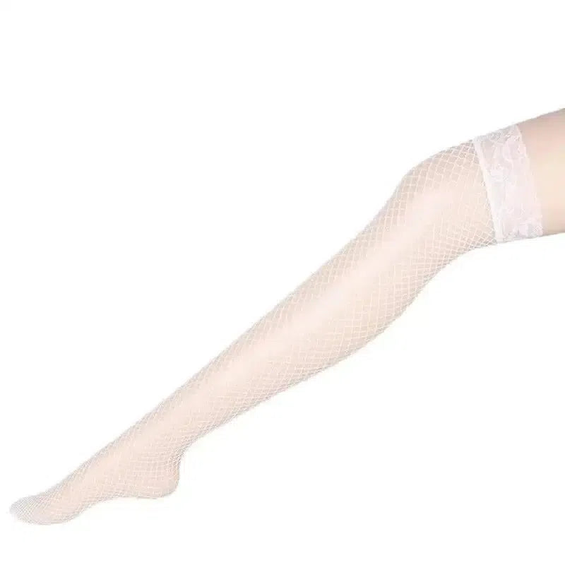 Lace-Trimmed Fishnet Stockings-White-6