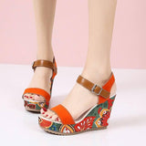 Floral Embroidered Sandals - Stylish Wedge Design-Orange-3