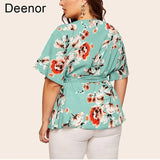 Deenor L-5xl Women's V-neck Short Sleeve Print Waist Tie Loose Chiffon Top Plus Size Ol Commuter Tie-up Pullover Top-3