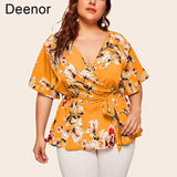 Deenor L-5xl Women's V-neck Short Sleeve Print Waist Tie Loose Chiffon Top Plus Size Ol Commuter Tie-up Pullover Top-5