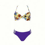 Flower bikini strap solid color hard cover swimsuit-5