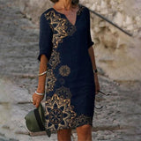 Flower Print Rendering V-neck Half Sleeves Mid-waist-Navy Blue-1