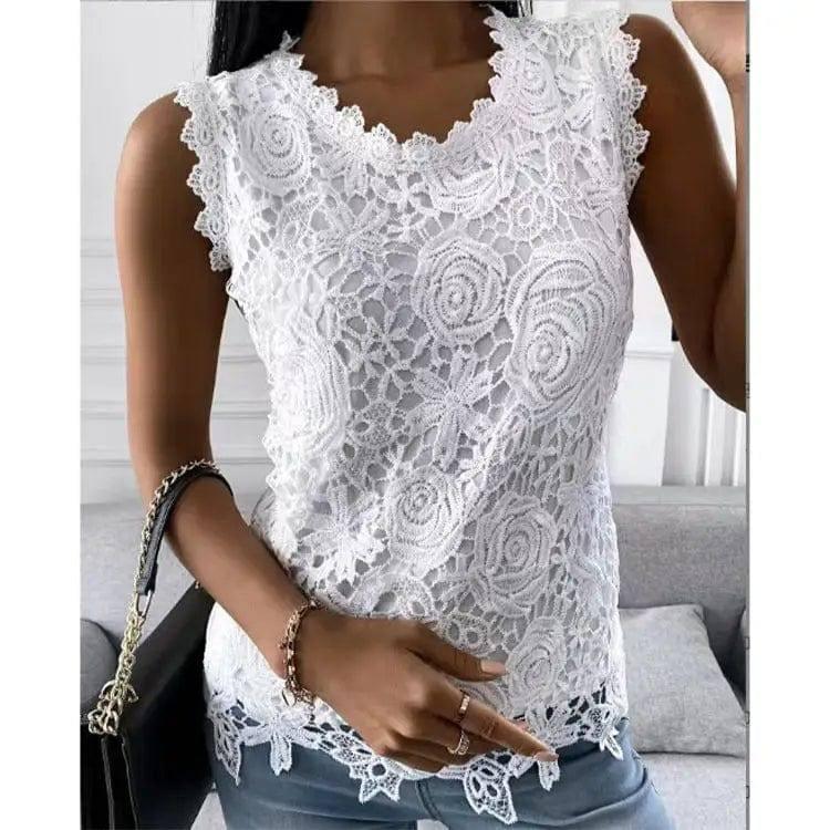 Flowers Lace Vest Women Summer Tops S-5XL-White-6