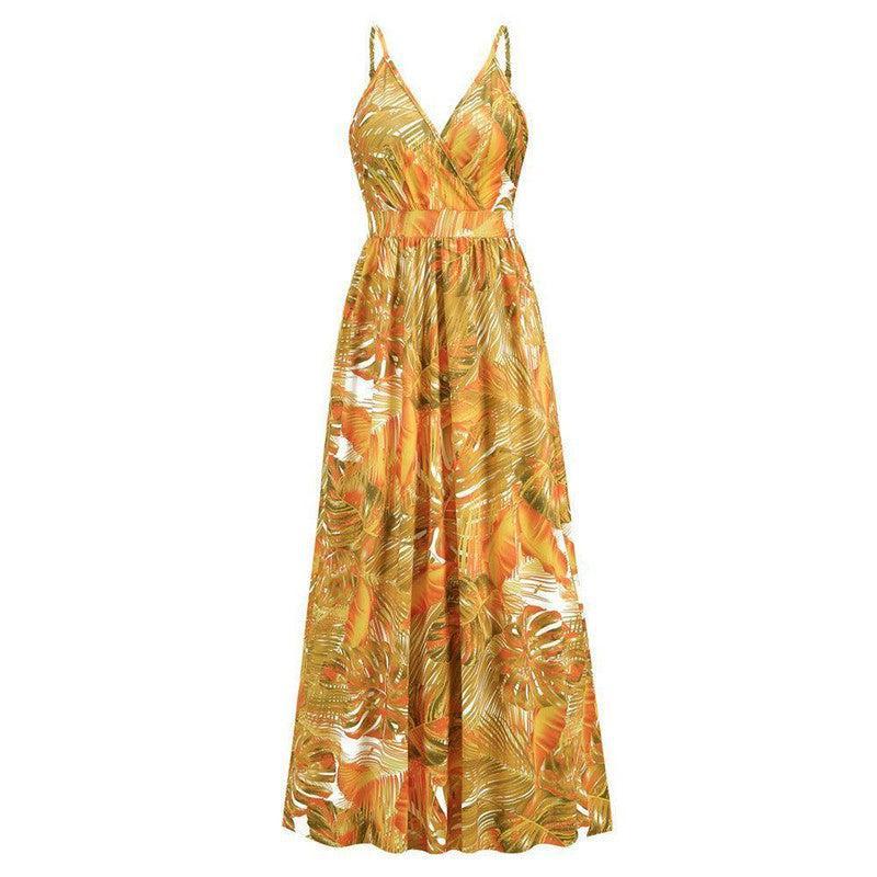 Flowers Long Dress Summer Swing Holiday Beach Dress-Yellow-15