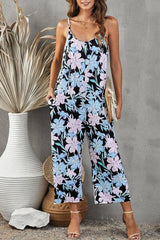 Flowers Print Suspender Jumpsuit With Pockets Spring Summer Fashion Round-neck Overalls For Womens Clothing-Light Green-2