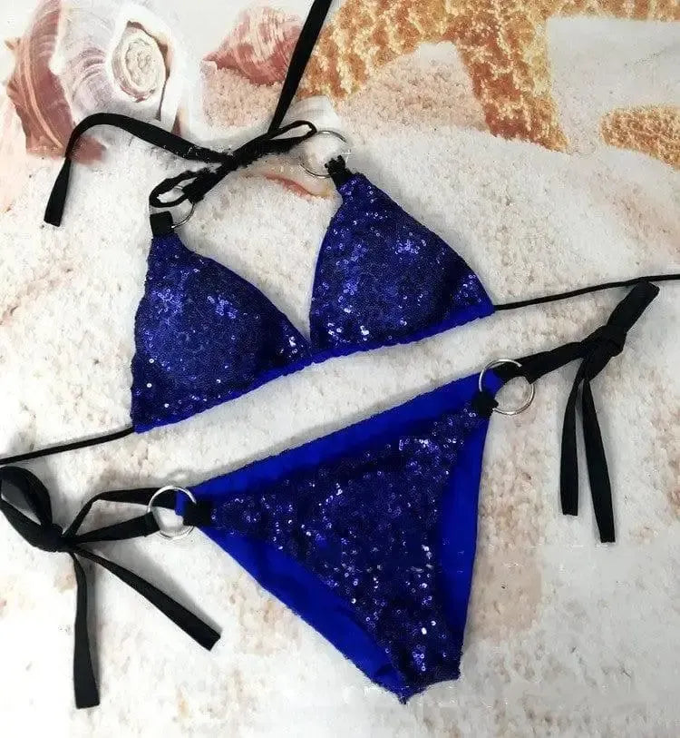 For The Cross-border Body Bra Strap Swimsuit Sequin-Blue-3