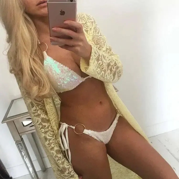 For The Cross-border Body Bra Strap Swimsuit Sequin-Pink-4